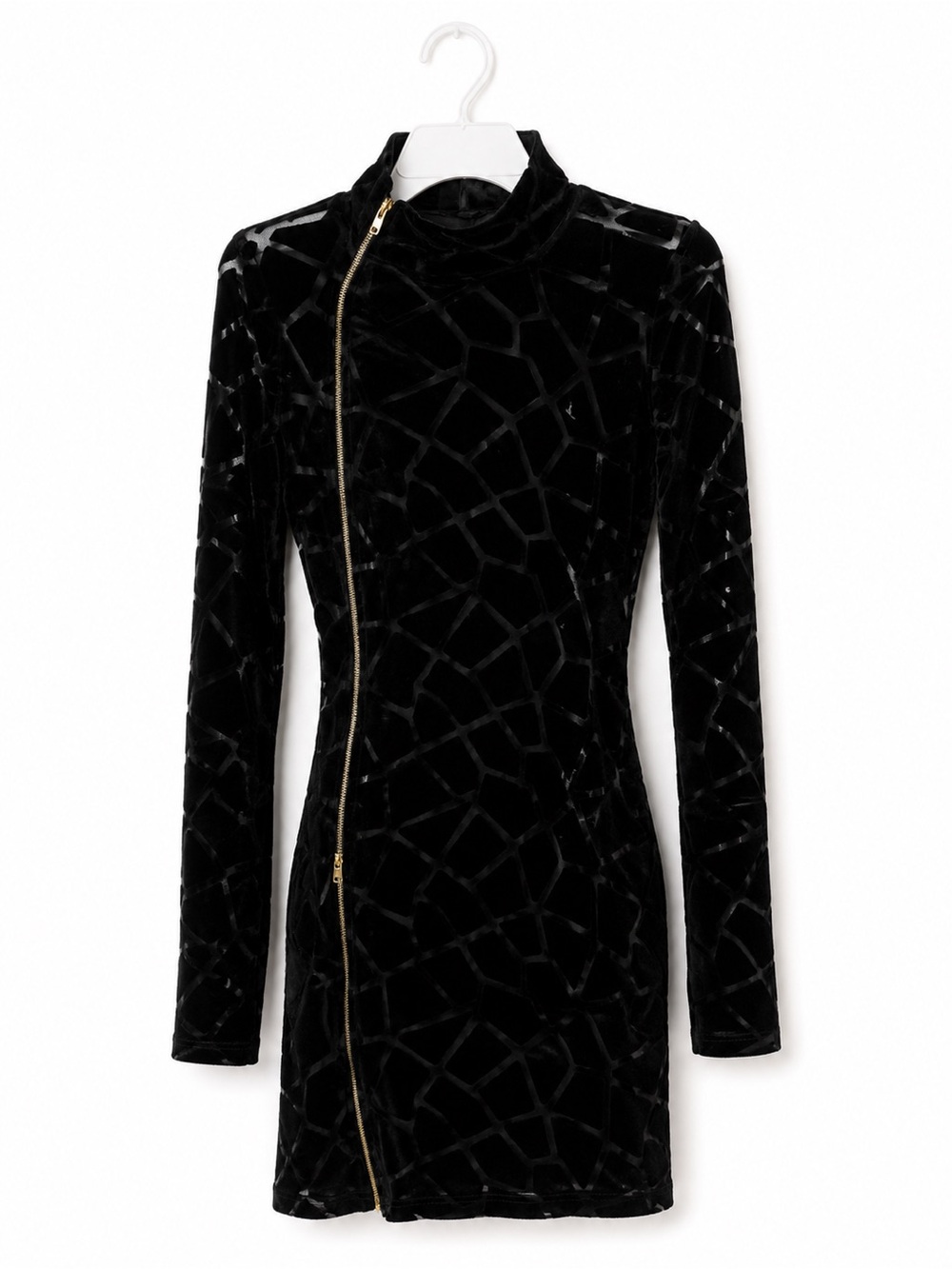 Black Velvet Asymmetric Zip Bodycon Dress